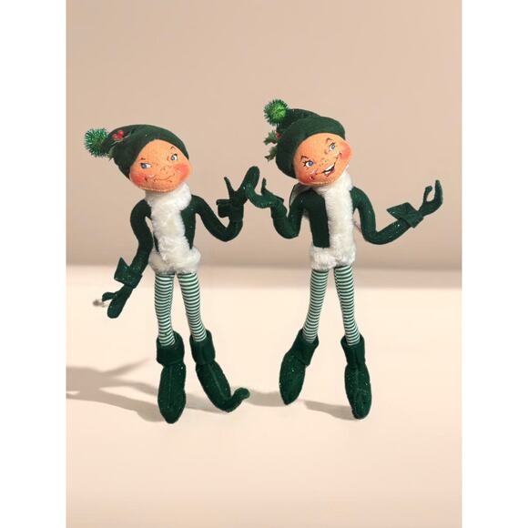 Vintage 2004 Annalee Green Elf W/Striped Pants 14” Set Of 2 Kitschy Christmas - Picture 1 of 16